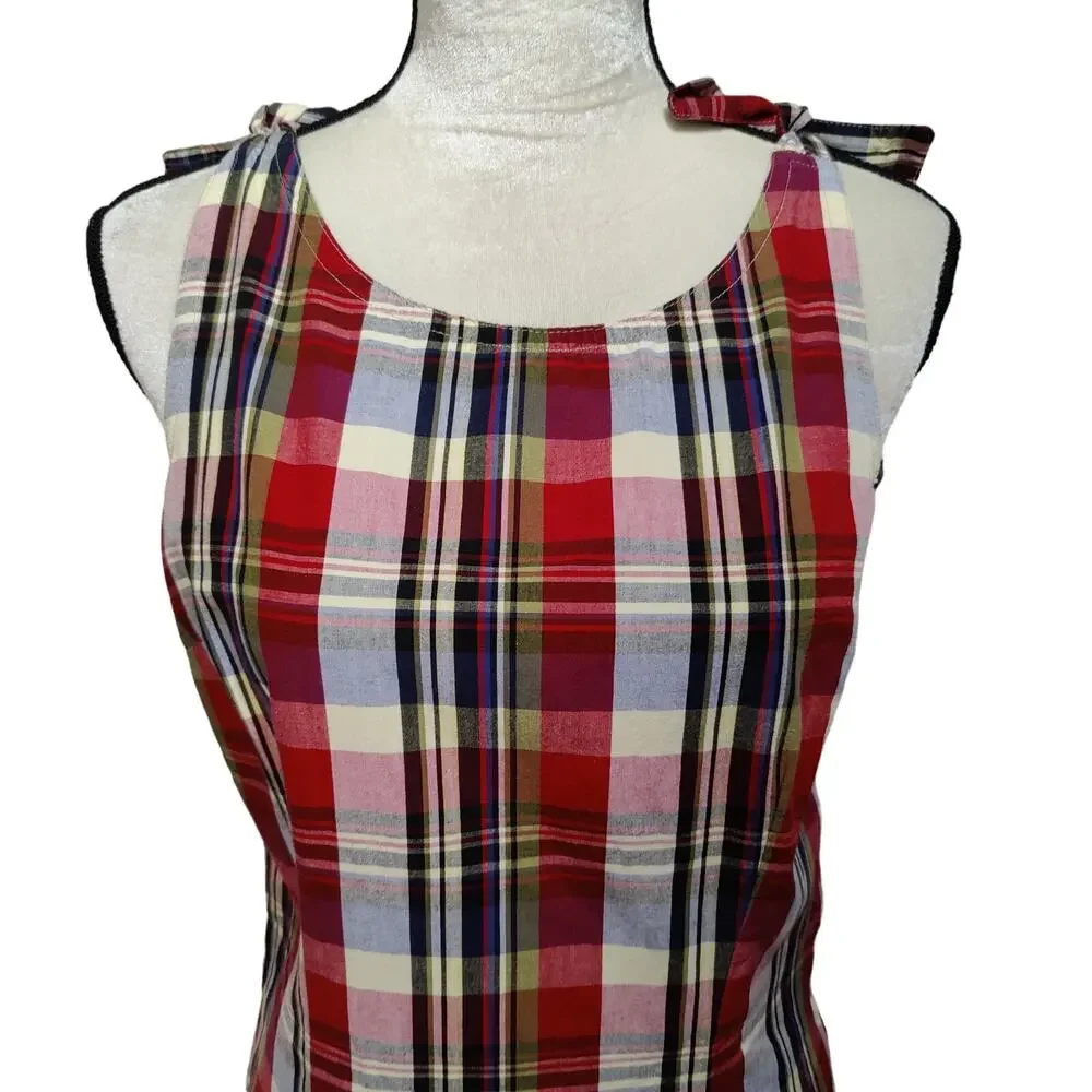 Vintage 90s Expression Sz 8 Red Plaid Shift Jumper Dress Sleeveless Tie Shoulder - Picture 3 of 7